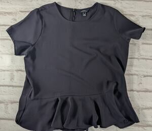 Lands End Peplum Blouse Womens 16 Black Short Sleeve Crew Neck Office Top